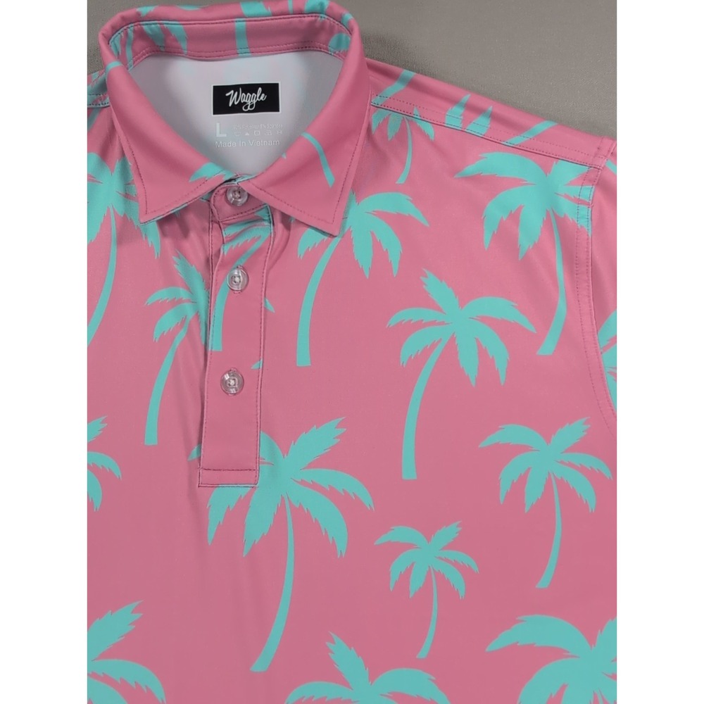 Waggle Golf Polo Shirt Mens Large Pink Blue Palm Trees AOP Performance Stretch - Picture 7 of 9